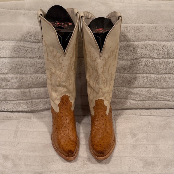 freebird Shoes - Freebird woodland wheat ostrich Cream and Brown Heeled Boots